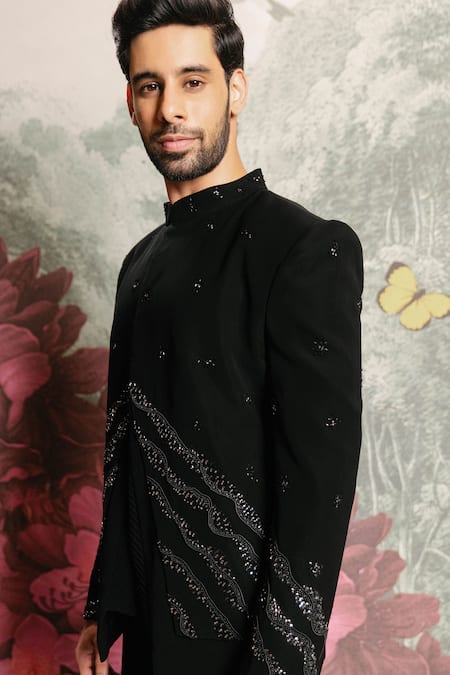 PRAVALIKA KOLA_Black Suiting Embroidery, Sequins Twine Embellished Bandhgala Set _Online_at_Aza_Fashions