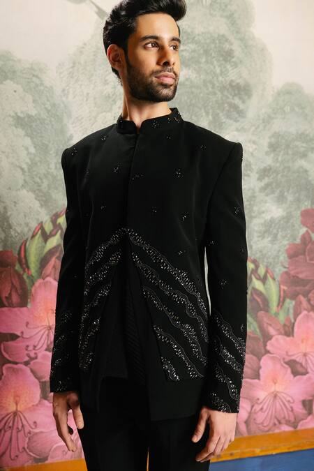 Buy_PRAVALIKA KOLA_Black Suiting Embroidery, Sequins Twine Embellished Bandhgala Set _Online_at_Aza_Fashions