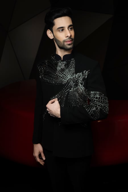 PRAVALIKA KOLA_Black Suiting Embroidery, Sequins Dragonfly Embellished Bandhgala Set _Online_at_Aza_Fashions