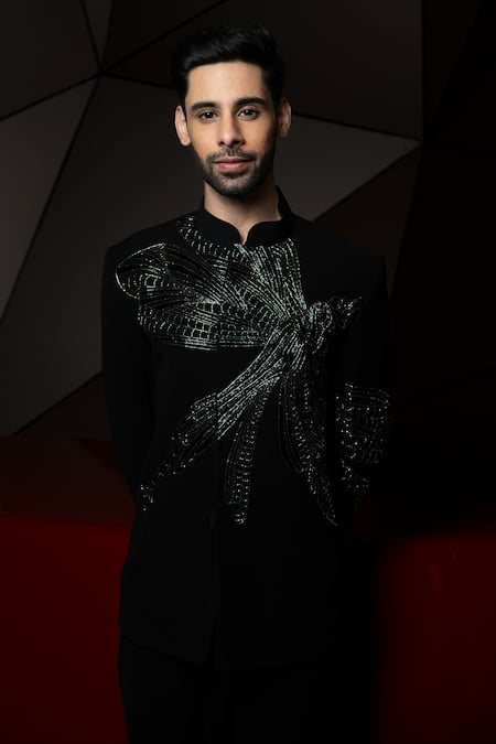 Buy_PRAVALIKA KOLA_Black Suiting Embroidery, Sequins Dragonfly Embellished Bandhgala Set _Online_at_Aza_Fashions