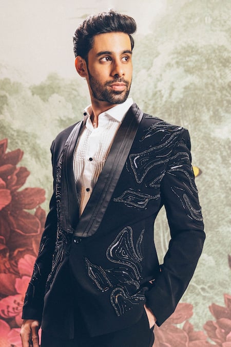 PRAVALIKA KOLA_Black Suiting Twine Embellished Set _Online_at_Aza_Fashions