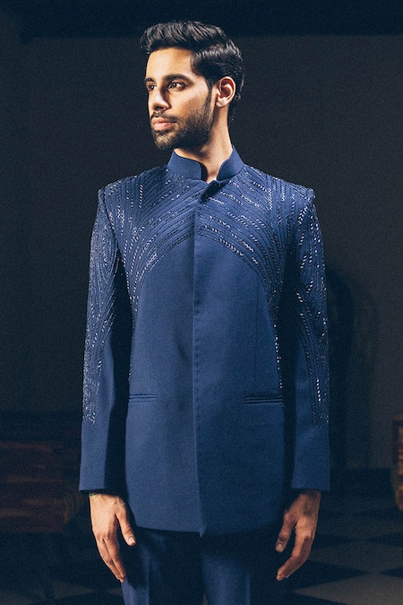 PRAVALIKA KOLA_Blue Suiting Embroidery Angular Bandhgala And Trouser Set _Online_at_Aza_Fashions