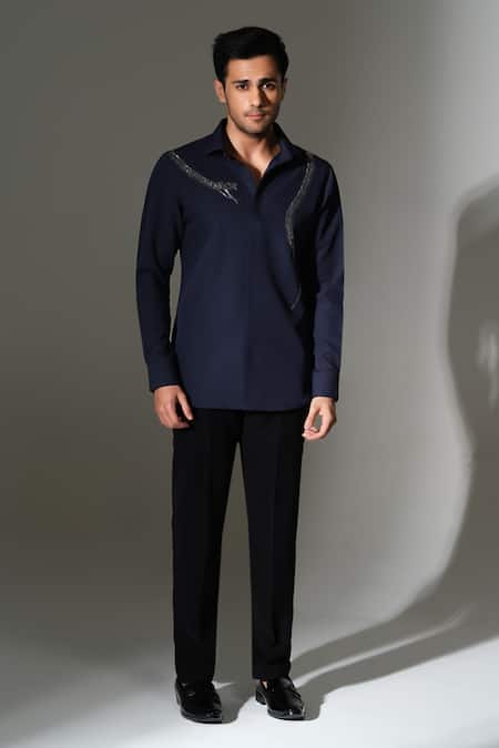 Buy_PRAVALIKA KOLA_Blue Crepe Beads, Metallic Thread Twist Of Hiss Embellished Shirt _Online_at_Aza_Fashions