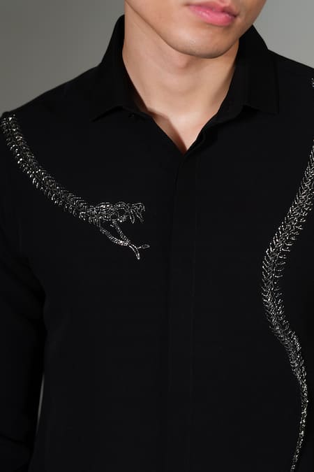 PRAVALIKA KOLA_Black Crepe Embroidery, Beads, Metallic Thread Twist Of Hiss Embellished Shirt _Online_at_Aza_Fashions