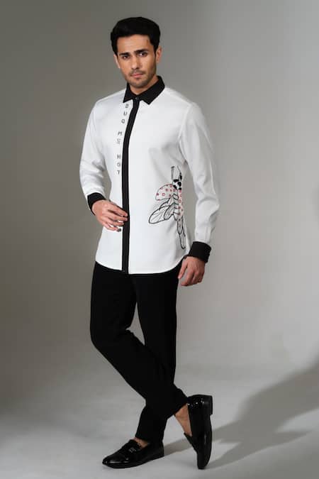 PRAVALIKA KOLA_White Crepe Embroidery, Beads Bug Me Not Shirt _Online_at_Aza_Fashions