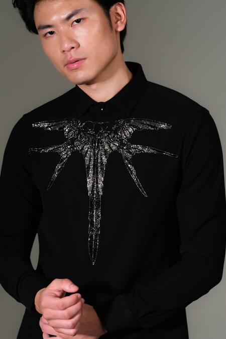 PRAVALIKA KOLA_Black Crepe Beads Twin Long Birds Shirt _Online_at_Aza_Fashions