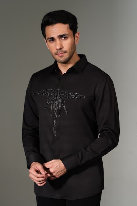 PRAVALIKA KOLA_Black Crepe Embroidery, Beads, Metallic Thread Lunafly Shirt _Online_at_Aza_Fashions