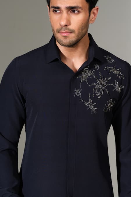 PRAVALIKA KOLA_Blue Crepe Beads Tribal Spiders Embroidered Shirt _Online_at_Aza_Fashions