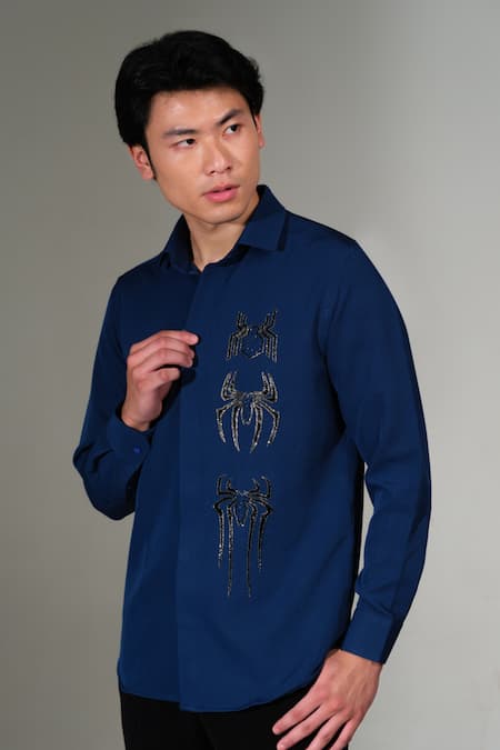 PRAVALIKA KOLA_Teal Crepe Beads Spider Embroidered Shirt _Online_at_Aza_Fashions