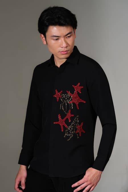 PRAVALIKA KOLA_Black Crepe Embroidery, Beads, Applique, Golden Beetle Embellished Shirt _Online_at_Aza_Fashions