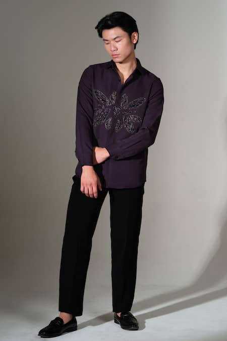 PRAVALIKA KOLA_Purple Crepe Beads, Metallic Thread Dark Cluster Fly Shirt _Online_at_Aza_Fashions