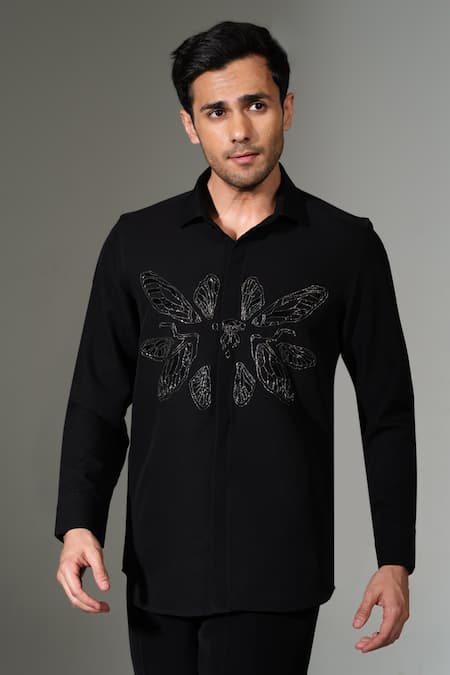 PRAVALIKA KOLA Black Cluster Fly Embellished Shirt 