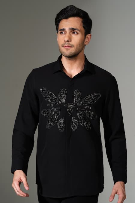 PRAVALIKA KOLA_Black Crepe Beads, Metallic Thread Cluster Fly Embellished Shirt _Online_at_Aza_Fashions
