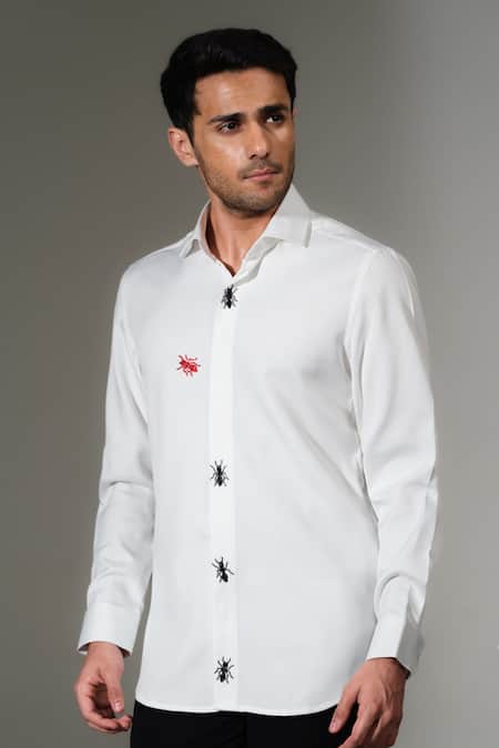 PRAVALIKA KOLA_White Crepe Embroidery Ant Tension Seeker Embellished Shirt _Online_at_Aza_Fashions