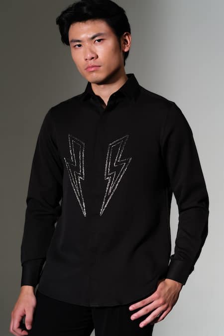 PRAVALIKA KOLA_Black Crepe Beads Thunder Embellished Shirt _Online_at_Aza_Fashions