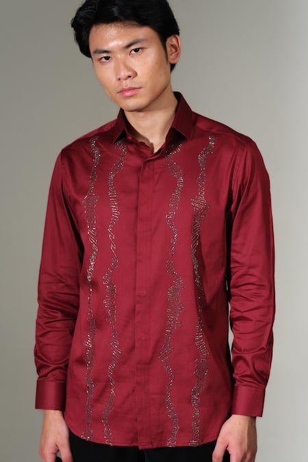 PRAVALIKA KOLA_Red Cotton Embroidery, Metallic Thread Texture Lines Embellished Shirt _Online_at_Aza_Fashions