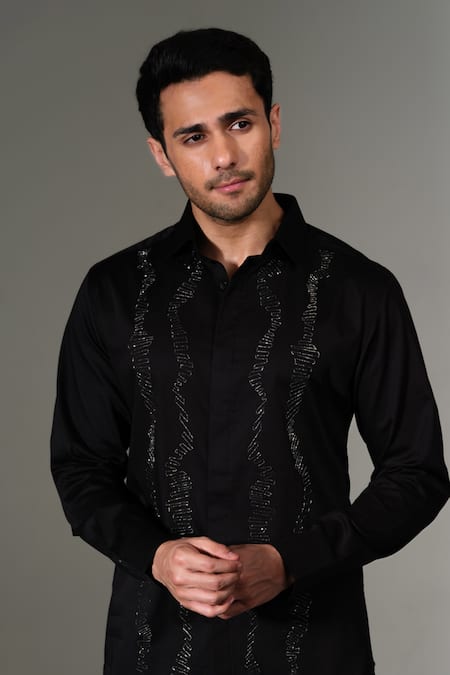 PRAVALIKA KOLA_Black Cotton Metallic Thread Texture Lines Embellished Shirt _Online_at_Aza_Fashions
