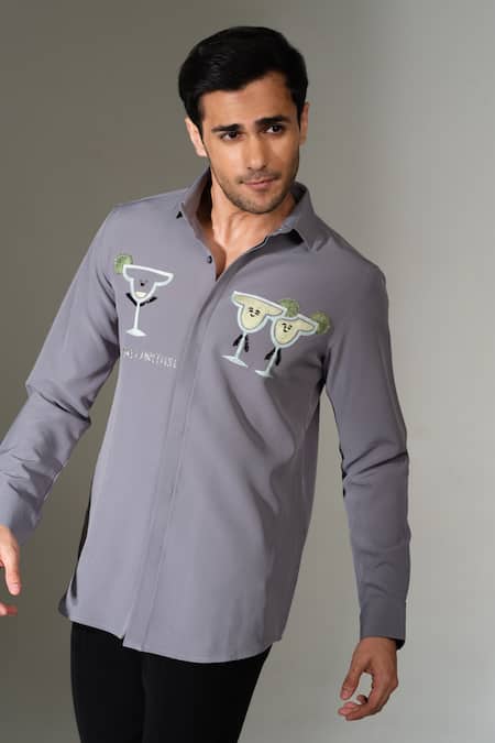 Buy_PRAVALIKA KOLA_Grey Crepe Embroidery, Beads Moregaritas Embellished Shirt _Online_at_Aza_Fashions