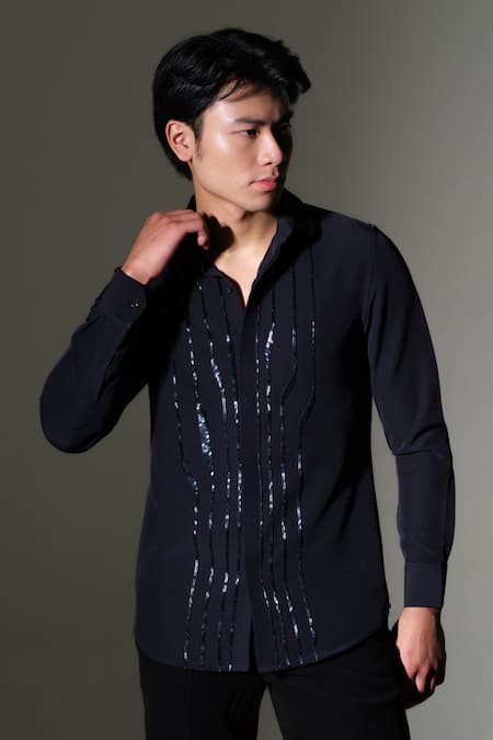 PRAVALIKA KOLA_Blue Crepe Beads Linear Luxe Shirt _Online_at_Aza_Fashions