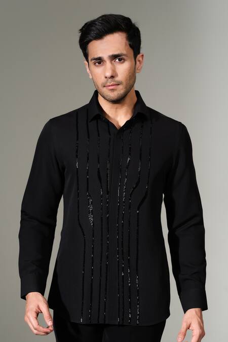 PRAVALIKA KOLA_Black Crepe Beads Linear Luxe Shirt _Online_at_Aza_Fashions