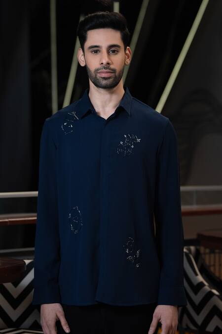 PRAVALIKA KOLA_Blue Crepe Embroidery, Beads I Do Not Play Nice Shirt _Online_at_Aza_Fashions