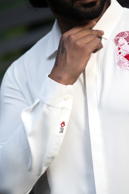 PRAVALIKA KOLA_White Crepe Embroidery, Beads Poker Shirt _Online_at_Aza_Fashions