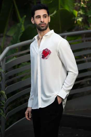 Shop PRAVALIKA KOLA White Crepe Embroidery, Beads Poker Heart Shirt at Aza Fashions Shop_PRAVALIKA KOLA_White Crepe Embroidery, Beads Poker Heart Shirt_at_Aza_Fashions