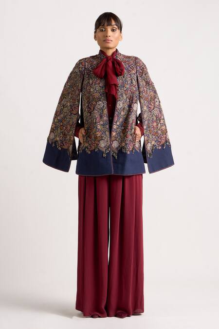 Buy Ott Blue Cotton The Structured Floral Pattern Cape Buy_Ott_Blue Cotton The Structured Floral Pattern Cape