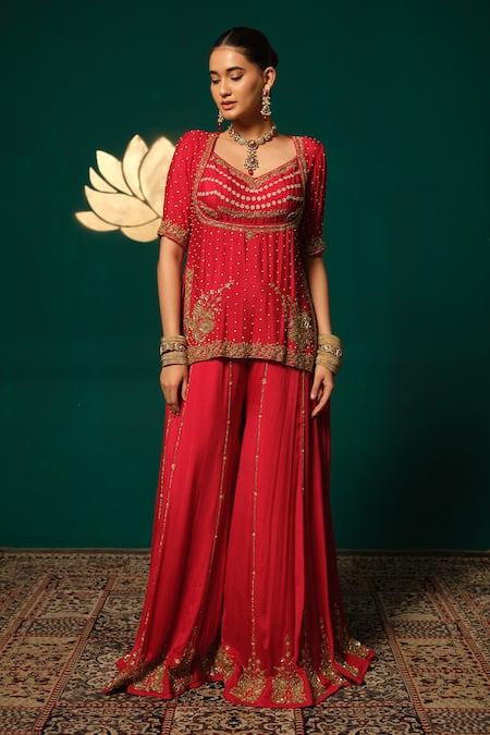 Niloufer By Aasif Ally_Red Chinon Sequins, Cut Work V-neck Embroidered Kurta Sharara Set _Online_at_Aza_Fashions
