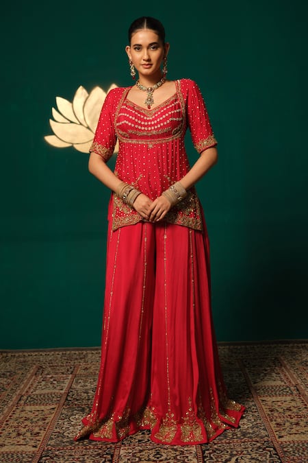 Buy_Niloufer By Aasif Ally_Red Chinon Sequins, Cut Work V-neck Embroidered Kurta Sharara Set _Online_at_Aza_Fashions