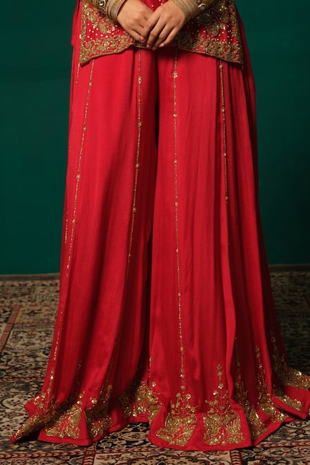 Shop_Niloufer By Aasif Ally_Red Chinon Sequins, Cut Work V-neck Embroidered Kurta Sharara Set _Online_at_Aza_Fashions