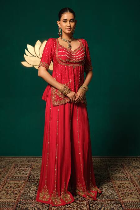 Niloufer By Aasif Ally_Red Chinon Sequins, Cut Work V-neck Embroidered Kurta Sharara Set _at_Aza_Fashions