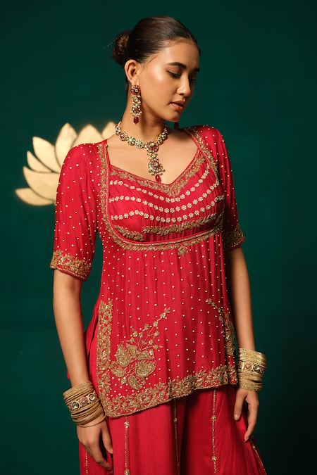 Buy_Niloufer By Aasif Ally_Red Chinon Sequins, Cut Work V-neck Embroidered Kurta Sharara Set 