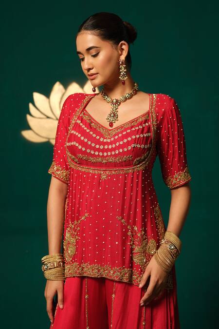 Shop_Niloufer By Aasif Ally_Red Chinon Sequins, Cut Work V-neck Embroidered Kurta Sharara Set 