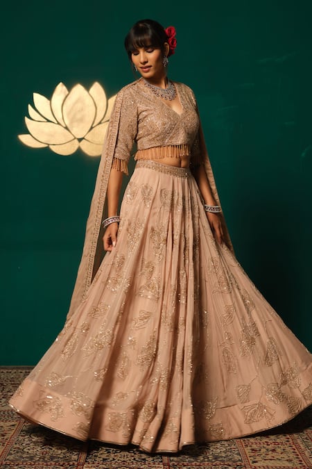 Niloufer By Aasif Ally_Peach Tissue Sequins, Tassels, Cut Work V-neck Cutdana Lehenga Set _Online_at_Aza_Fashions