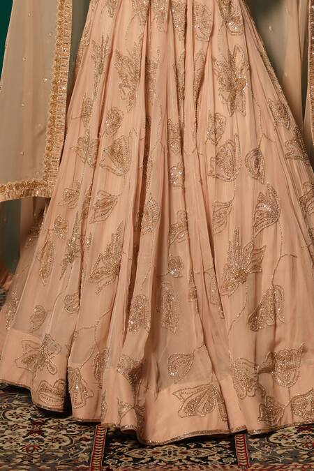 Niloufer By Aasif Ally_Peach Tissue Sequins, Tassels, Cut Work V-neck Cutdana Lehenga Set _at_Aza_Fashions
