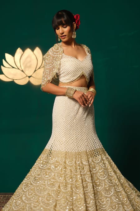 Niloufer By Aasif Ally_White Net Sequins, Beads, Zari, Cut Work Cutdana Embroidered Lehenga And Cape Set _Online_at_Aza_Fashions