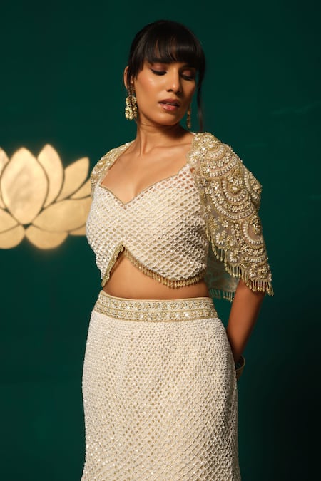 Shop_Niloufer By Aasif Ally_White Net Sequins, Beads, Zari, Cut Work Cutdana Embroidered Lehenga And Cape Set _Online_at_Aza_Fashions