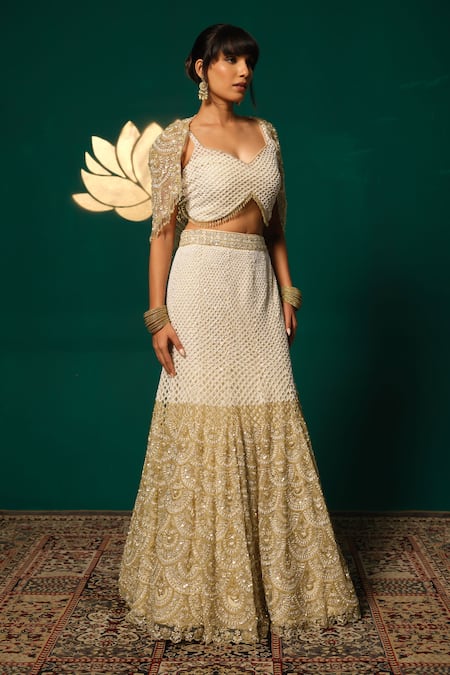 Buy_Niloufer By Aasif Ally_White Net Sequins, Beads, Zari, Cut Work Cutdana Embroidered Lehenga And Cape Set 