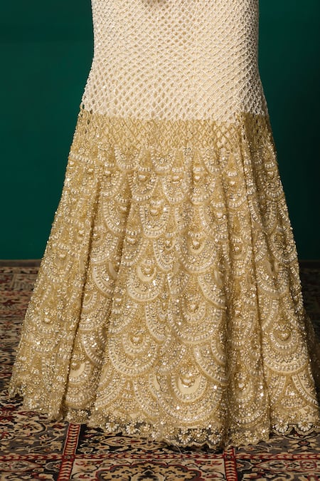 Shop_Niloufer By Aasif Ally_White Net Sequins, Beads, Zari, Cut Work Cutdana Embroidered Lehenga And Cape Set 