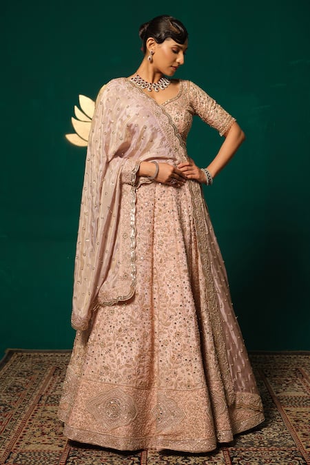 Shop Niloufer By Aasif Ally Pink Tissue Sequins, Mirrors, Cut Work Sweetheart Neck Embroidered Lehenga Set Online at Aza Fashions Shop_Niloufer By Aasif Ally_Pink Tissue Sequins, Mirrors, Cut Work Sweetheart Neck Embroidered Lehenga Set _Online_at_Aza_Fashions