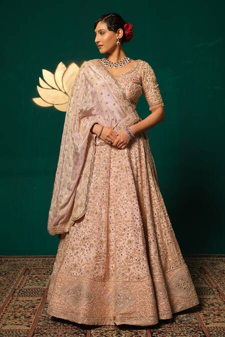 Niloufer By Aasif Ally Pink Tissue Sequins, Mirrors, Cut Work Sweetheart Neck Embroidered Lehenga Set at Aza Fashions Niloufer By Aasif Ally_Pink Tissue Sequins, Mirrors, Cut Work Sweetheart Neck Embroidered Lehenga Set _at_Aza_Fashions