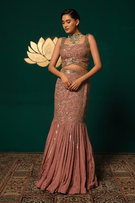 Niloufer By Aasif Ally Cutdana Embroidered Fish Cut Lehenga & Top Set 