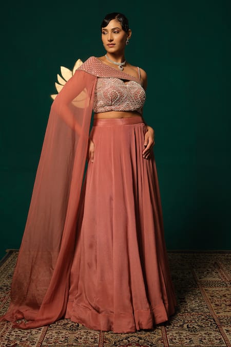 Niloufer By Aasif Ally One Shoulder Cape Lehenga Set 