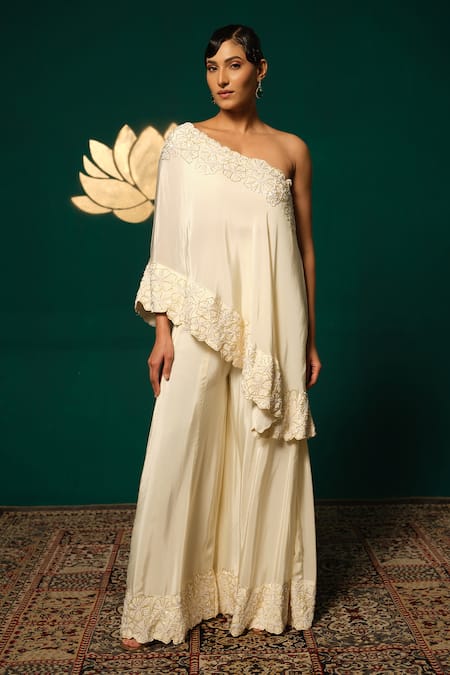 Niloufer By Aasif Ally Embroidered One Shoulder Top & Sharara Set 