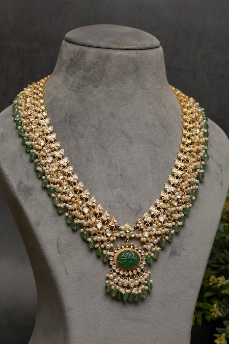 Kaari_Green Pearls, Stones Misha Pendant Necklace _Online_at_Aza_Fashions