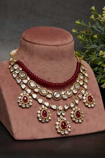 Buy_Kaari_White Chaaya Gold Plated Polki Three Layer Choker Necklace _Online_at_Aza_Fashions