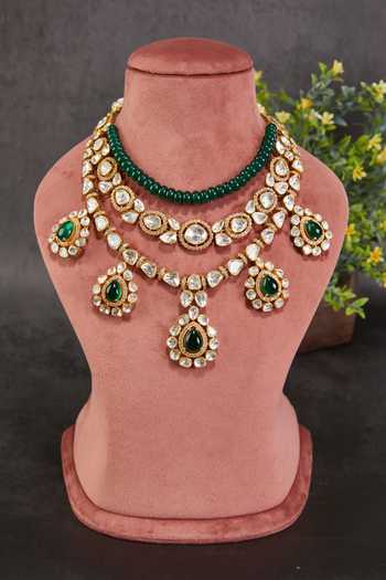 Shop_Kaari_White Chaaya Gold Plated Polki Three Layer Choker Necklace _Online_at_Aza_Fashions