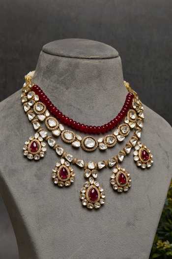 Kaari_White Chaaya Gold Plated Polki Three Layer Choker Necklace _at_Aza_Fashions
