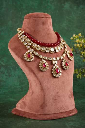 Buy_Kaari_White Chaaya Gold Plated Polki Three Layer Choker Necklace 